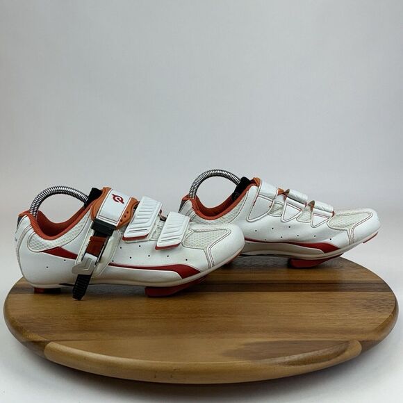 Womens Peloton White Orange Leather Athletic Cycling Biking Cleats Shoes Size 40 - Picture 1 of 9